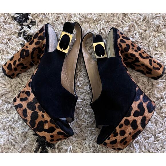 Diane Von Furstenberg Robin Leopard Calf Fur Platform Chunky Heeled Shoes 8.5 - Picture 1 of 6